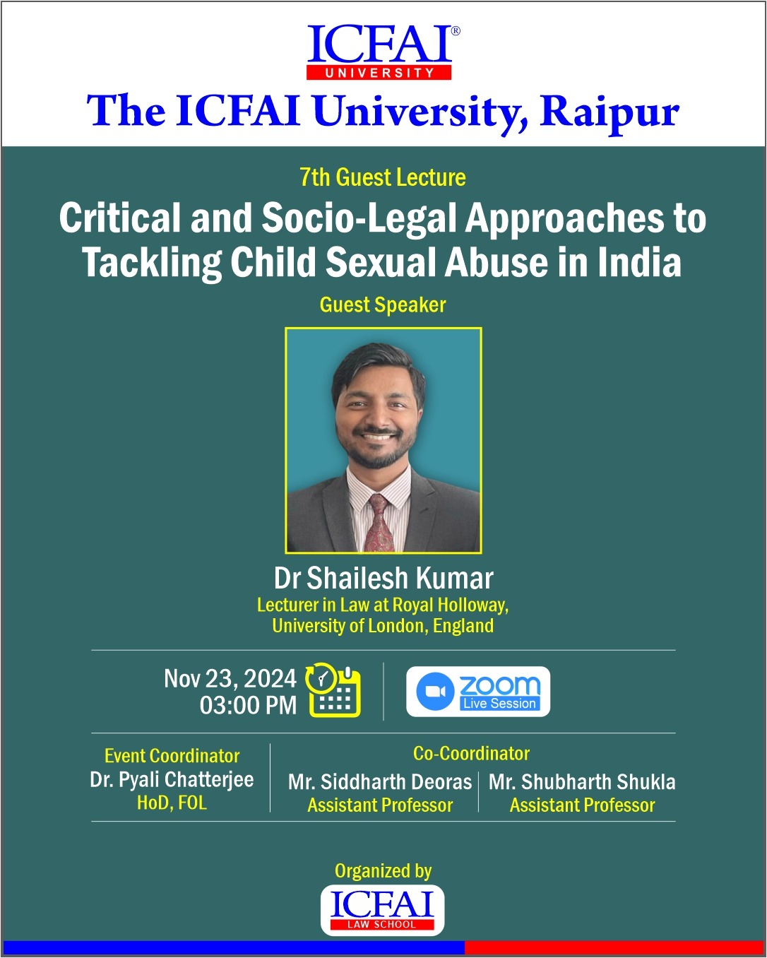 The Faculty of Law organized a Guest lecture on November 23, 2024, focusing on "Critical and Socio-Legal Approaches to Tackling Child Sexual Abuse in India." 