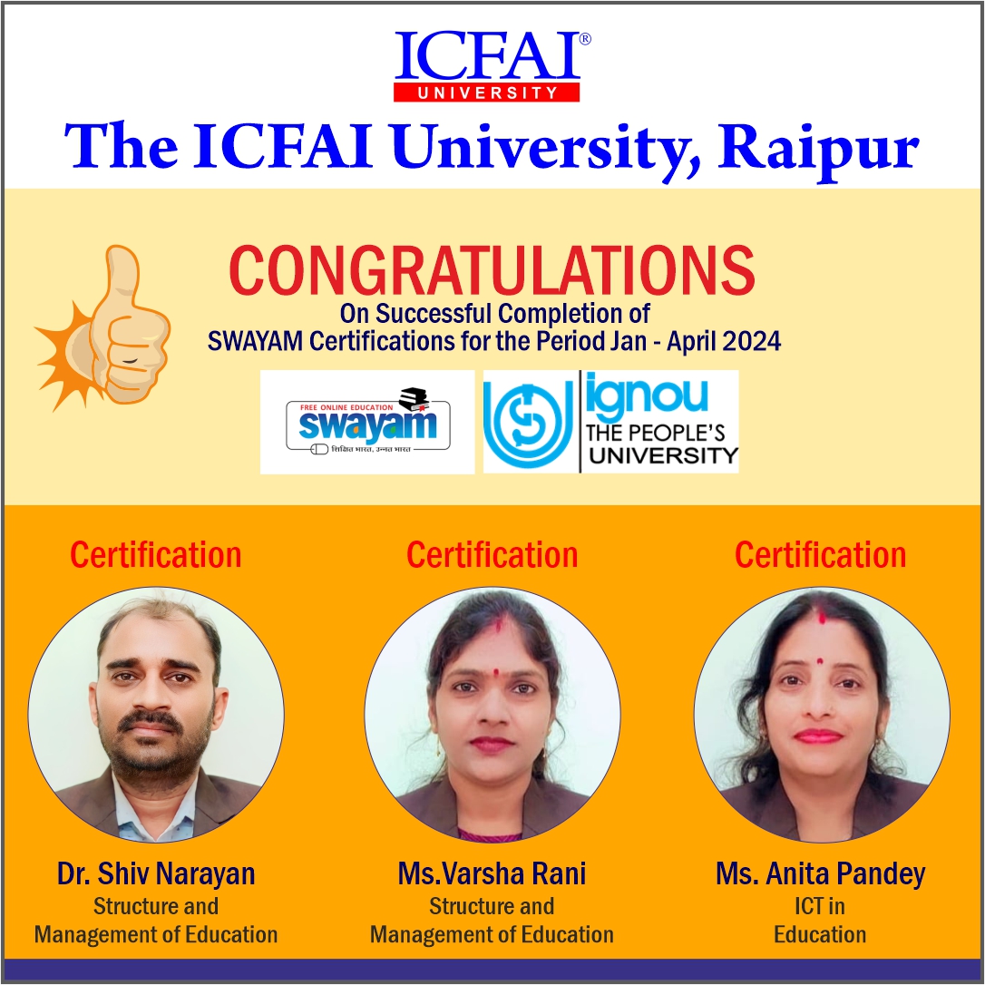 Congratulations to the IUR faculties for the Successful Completion of SWAYAM Certifications during Jan - April 2024